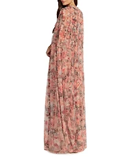 Mac Duggal Floral Mesh Cape Sleeve Ruffle Gown