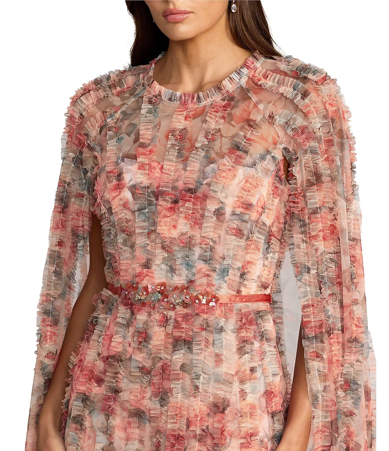 Mac Duggal Floral Mesh Cape Sleeve Ruffle Gown