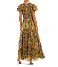 Mac Duggal Floral Mesh Crew Neck Cap Sleeve Micro Ruffle Long Dress