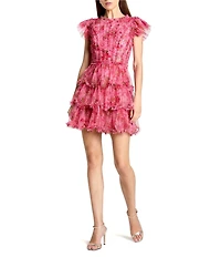 Mac Duggal Floral Mesh High Neck Cap Sleeve Ruffle Mini Dress