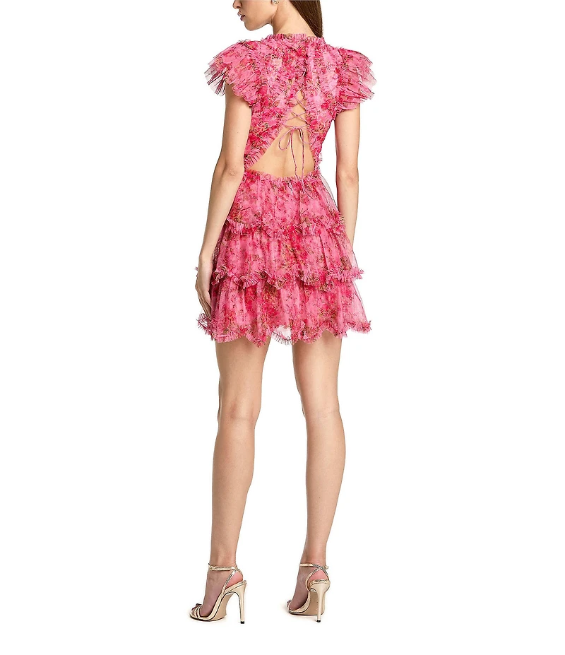 Mac Duggal Floral Mesh High Neck Cap Sleeve Ruffle Mini Dress