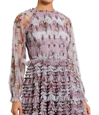 Mac Duggal Floral Mesh Long Sleeve Ruffle Mini Dress