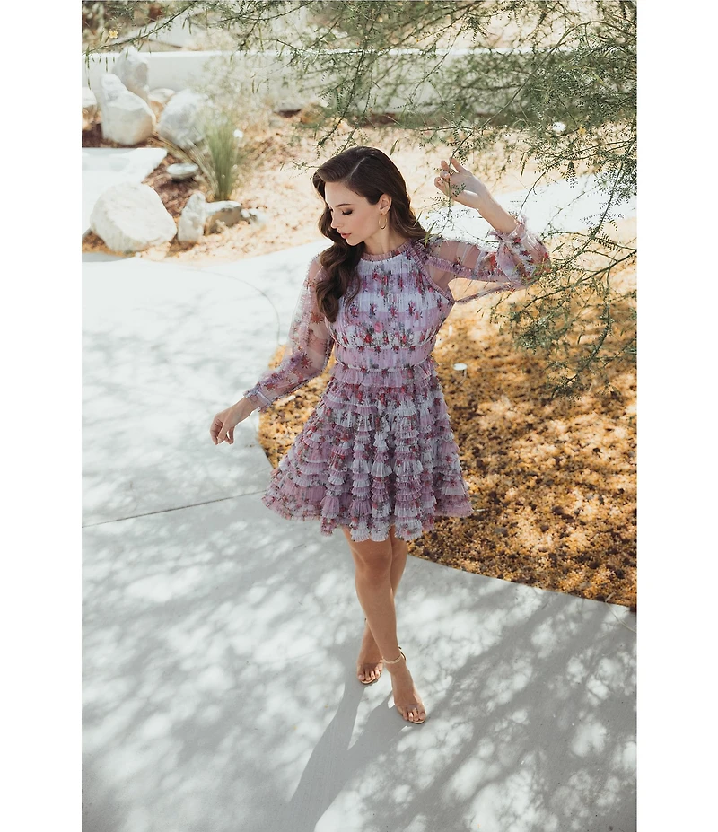 Mac Duggal Floral Mesh Long Sleeve Ruffle Mini Dress