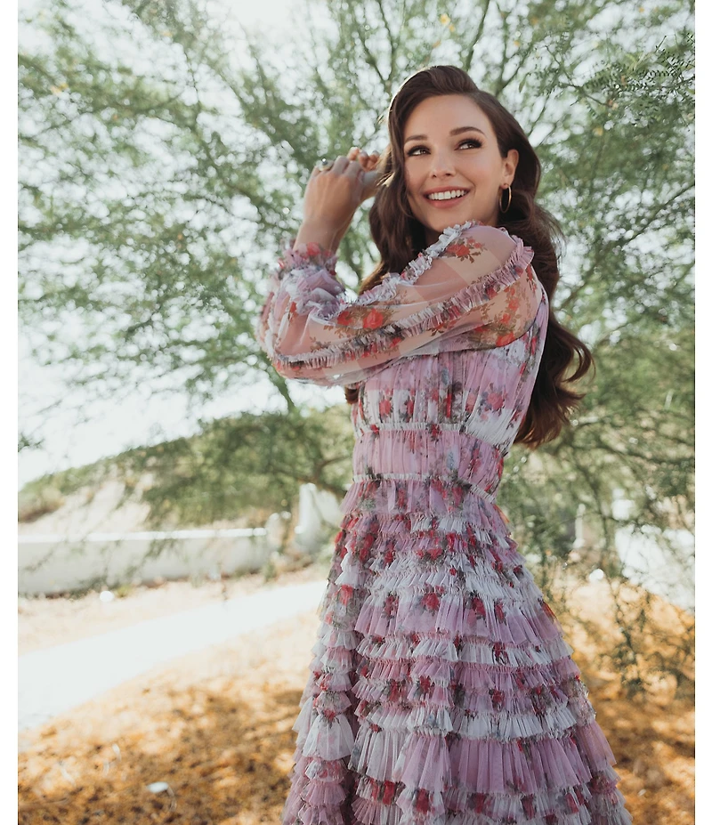 Mac Duggal Floral Mesh Long Sleeve Ruffle Mini Dress