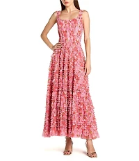 Mac Duggal Floral Mesh Micro Ruffle Scoop Neck Ankle Dress