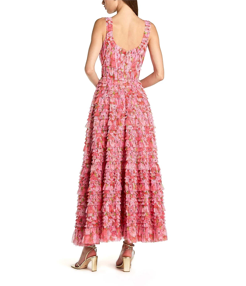 Mac Duggal Floral Mesh Micro Ruffle Scoop Neck Ankle Dress