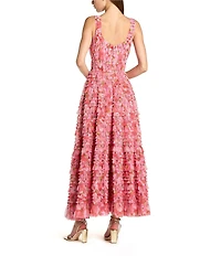 Mac Duggal Floral Mesh Micro Ruffle Scoop Neck Ankle Dress