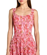 Mac Duggal Floral Mesh Micro Ruffle Scoop Neck Ankle Dress