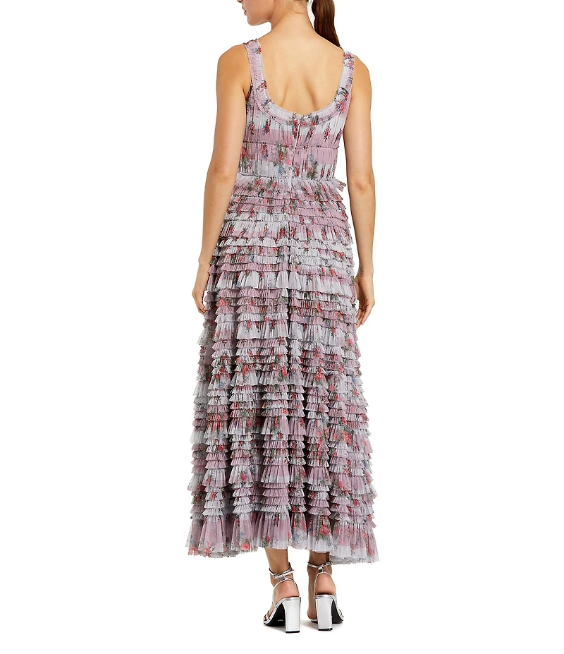 Mac Duggal Floral Mesh Micro Ruffle Square Neck Maxi Dress