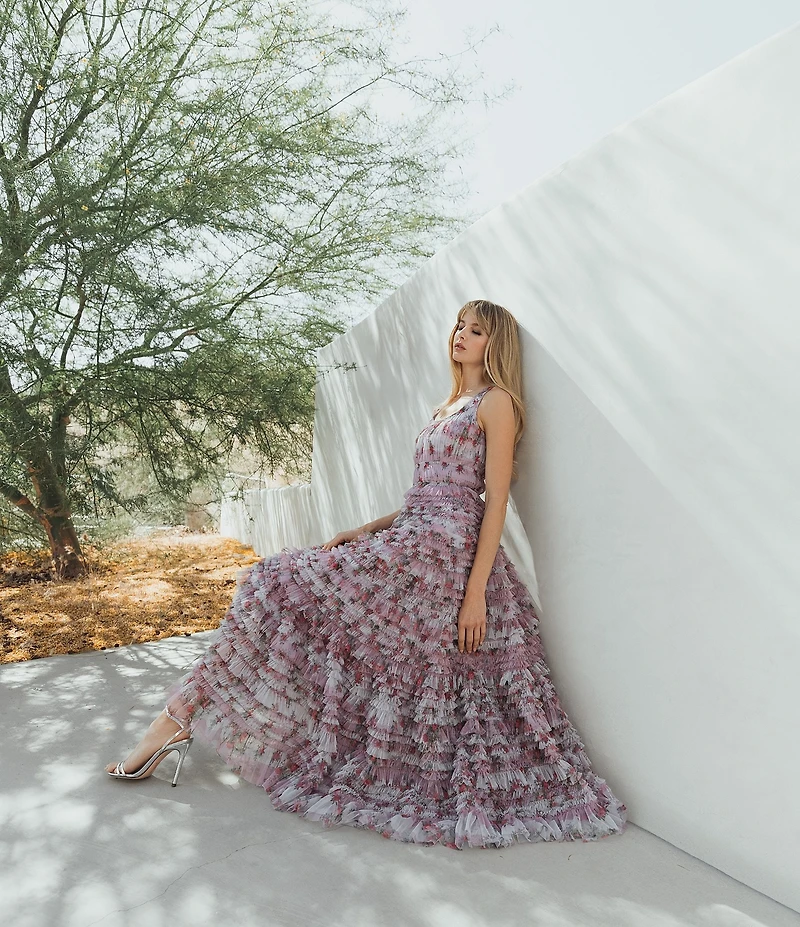 Mac Duggal Floral Mesh Micro Ruffle Square Neck Maxi Dress