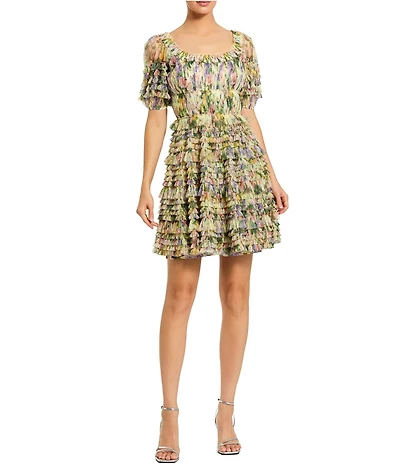 Mac Duggal Floral Mesh Puff Sleeve Ruffle Mini Dress