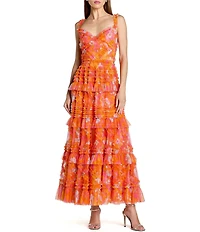 Mac Duggal Floral Mesh Sleeveless A Line Ruffle Ankle Length Dress