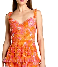 Mac Duggal Floral Mesh Sleeveless A Line Ruffle Ankle Length Dress