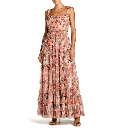 Mac Duggal Floral Mesh Sleeveless Micro Ruffle A Line Gown