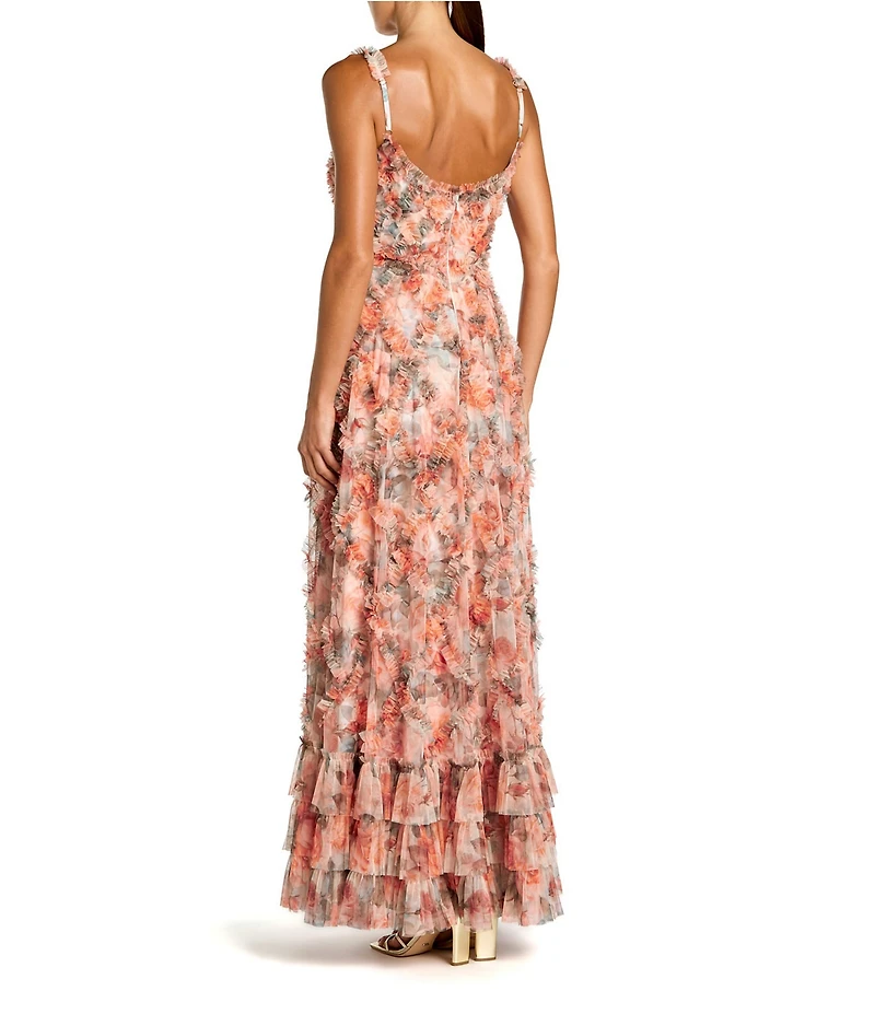 Mac Duggal Floral Mesh Sleeveless Micro Ruffle A Line Gown