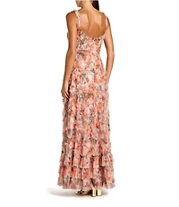 Mac Duggal Floral Mesh Sleeveless Micro Ruffle A Line Gown