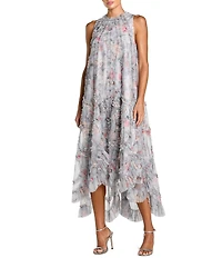 Mac Duggal Floral Mesh Sleeveless Micro Ruffle Gown