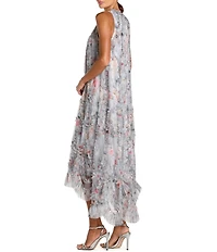 Mac Duggal Floral Mesh Sleeveless Micro Ruffle Gown