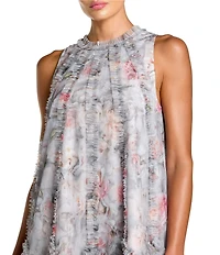 Mac Duggal Floral Mesh Sleeveless Micro Ruffle Gown