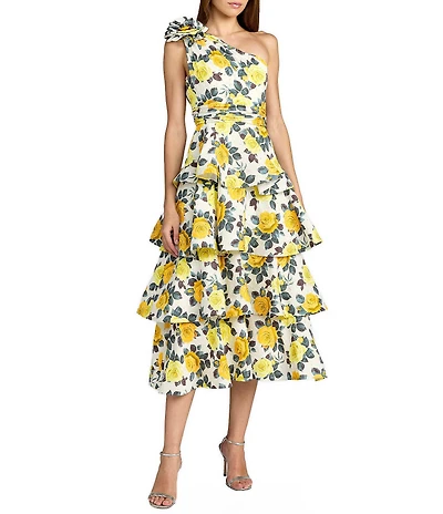 Mac Duggal Floral One Shoulder Charmeuse Tiered Midi Dress