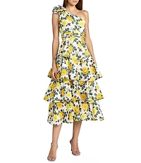 Mac Duggal Floral One Shoulder Charmeuse Tiered Midi Dress