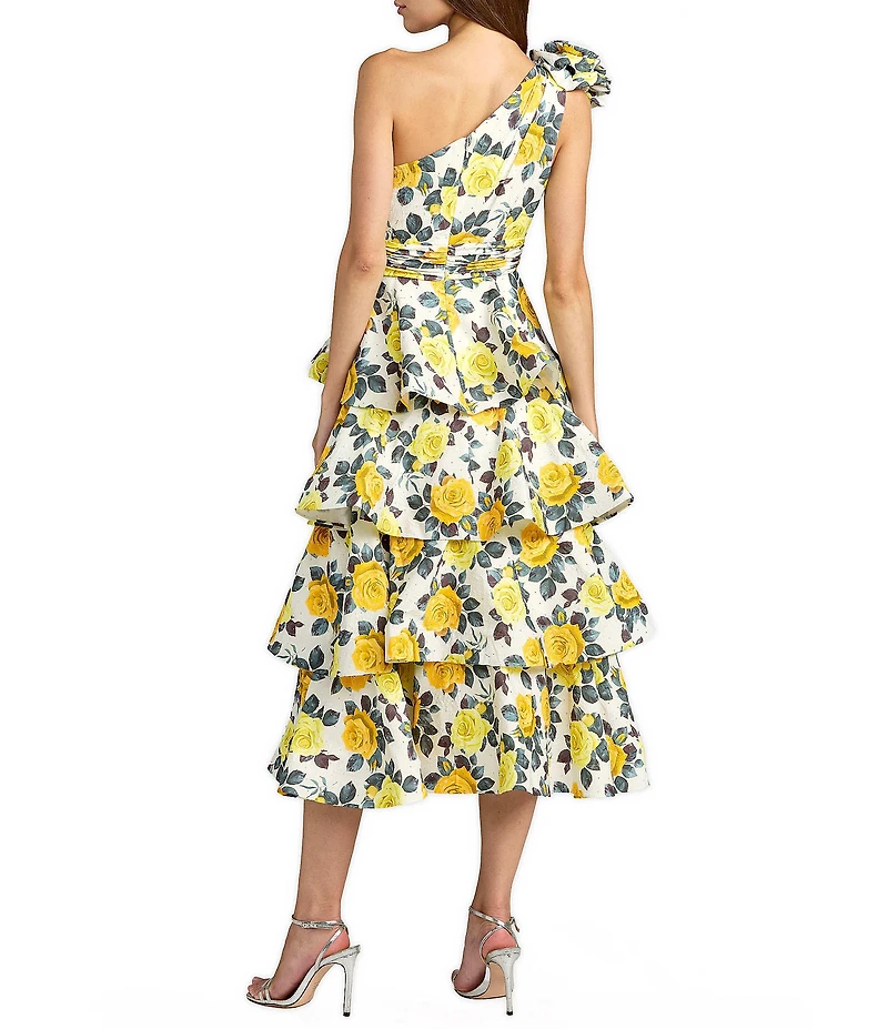 Mac Duggal Floral One Shoulder Charmeuse Tiered Midi Dress