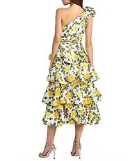 Mac Duggal Floral One Shoulder Charmeuse Tiered Midi Dress