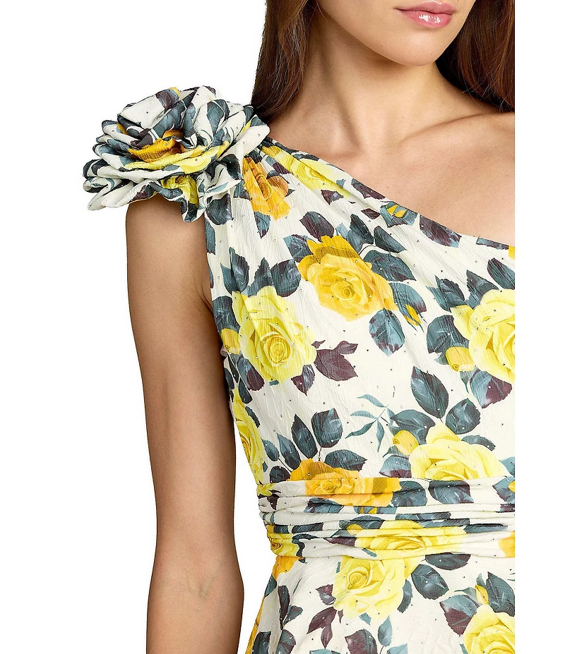Mac Duggal Floral One Shoulder Charmeuse Tiered Midi Dress
