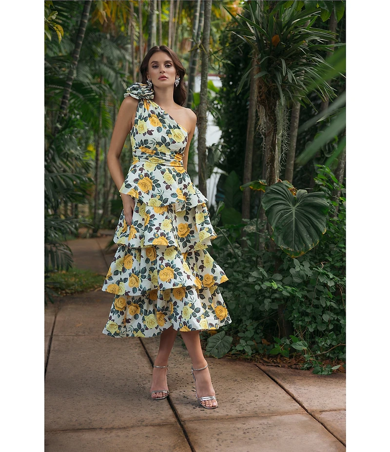 Mac Duggal Floral One Shoulder Charmeuse Tiered Midi Dress