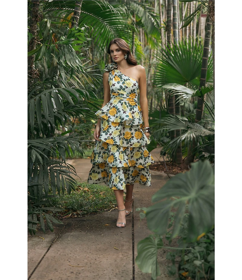 Mac Duggal Floral One Shoulder Charmeuse Tiered Midi Dress
