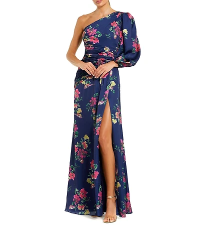 Mac Duggal Floral One Shoulder One Long Sleeve High Front Slit Gown