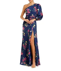 Mac Duggal Floral One Shoulder One Long Sleeve High Front Slit Gown