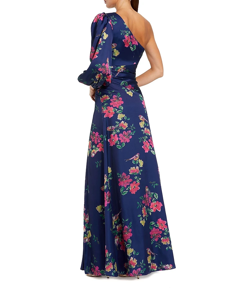 Mac Duggal Floral One Shoulder One Long Sleeve High Front Slit Gown