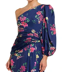 Mac Duggal Floral One Shoulder One Long Sleeve High Front Slit Gown