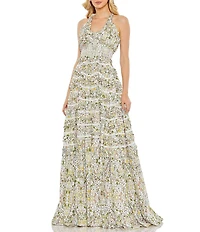 Mac Duggal Floral Print Halter Neck Sleeveless Cross Back Ruffle Tiered Smocked Ball Gown