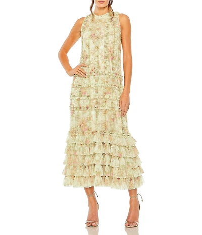 Mac Duggal Floral Print Mesh Crew Neck Sleeveless Tier Ruffle Sheath Gown