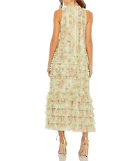 Mac Duggal Floral Print Mesh Crew Neck Sleeveless Tier Ruffle Sheath Gown