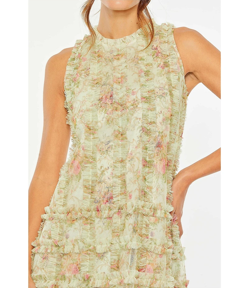 Mac Duggal Floral Print Mesh Crew Neck Sleeveless Tier Ruffle Sheath Gown
