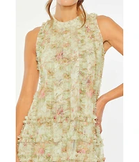 Mac Duggal Floral Print Mesh Crew Neck Sleeveless Tier Ruffle Sheath Gown