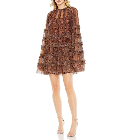 Mac Duggal Floral Print Mesh Ruffle Tier Flare Sleeve Mini Dress