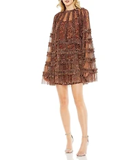 Mac Duggal Floral Print Mesh Ruffle Tier Flare Sleeve Mini Dress