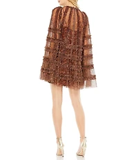 Mac Duggal Floral Print Mesh Ruffle Tier Flare Sleeve Mini Dress