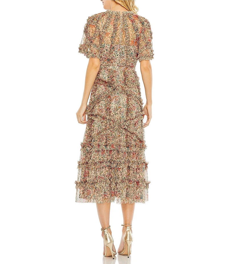 Mac Duggal Floral Print Ruffle Embellished Short Flutter Sleeve Crew Neck Midi Dress