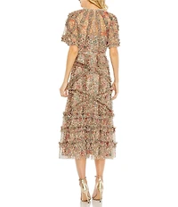Mac Duggal Floral Print Ruffle Embellished Short Flutter Sleeve Crew Neck Midi Dress