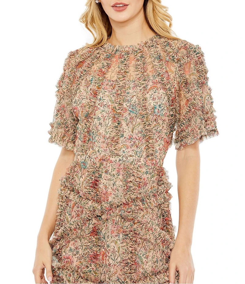 Mac Duggal Floral Print Ruffle Embellished Short Flutter Sleeve Crew Neck Midi Dress