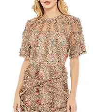 Mac Duggal Floral Print Ruffle Embellished Short Flutter Sleeve Crew Neck Midi Dress