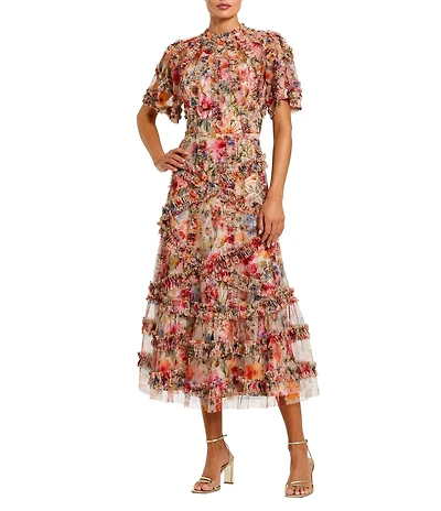 Mac Duggal Floral Print Ruffle Embellished Short Flutter Sleeve Crew Neck Midi Dress