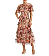 Mac Duggal Floral Print Ruffle Embellished Short Flutter Sleeve Crew Neck Midi Dress