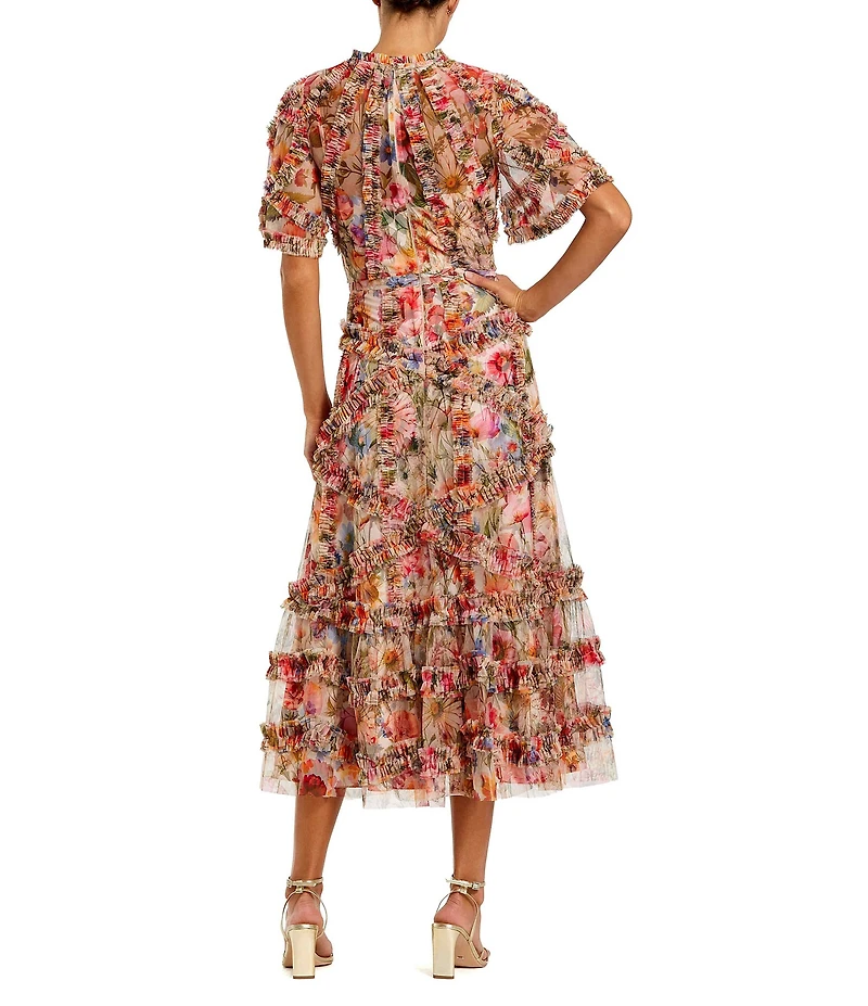 Mac Duggal Floral Print Ruffle Embellished Short Flutter Sleeve Crew Neck Midi Dress