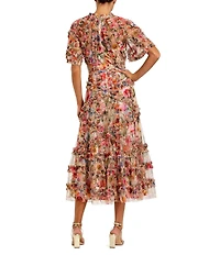 Mac Duggal Floral Print Ruffle Embellished Short Flutter Sleeve Crew Neck Midi Dress